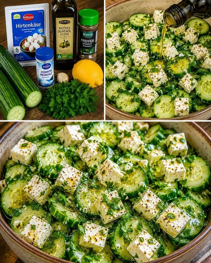 Leckerer Gurken Feta-Salat in einer Schüssel mit frischen Zutaten.