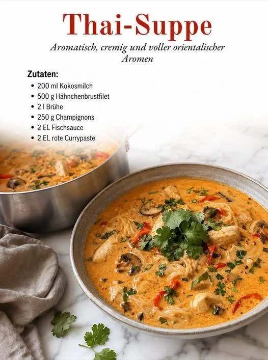 Traditionelle Thai-Suppe mit frischen Zutaten und Gewürzen.