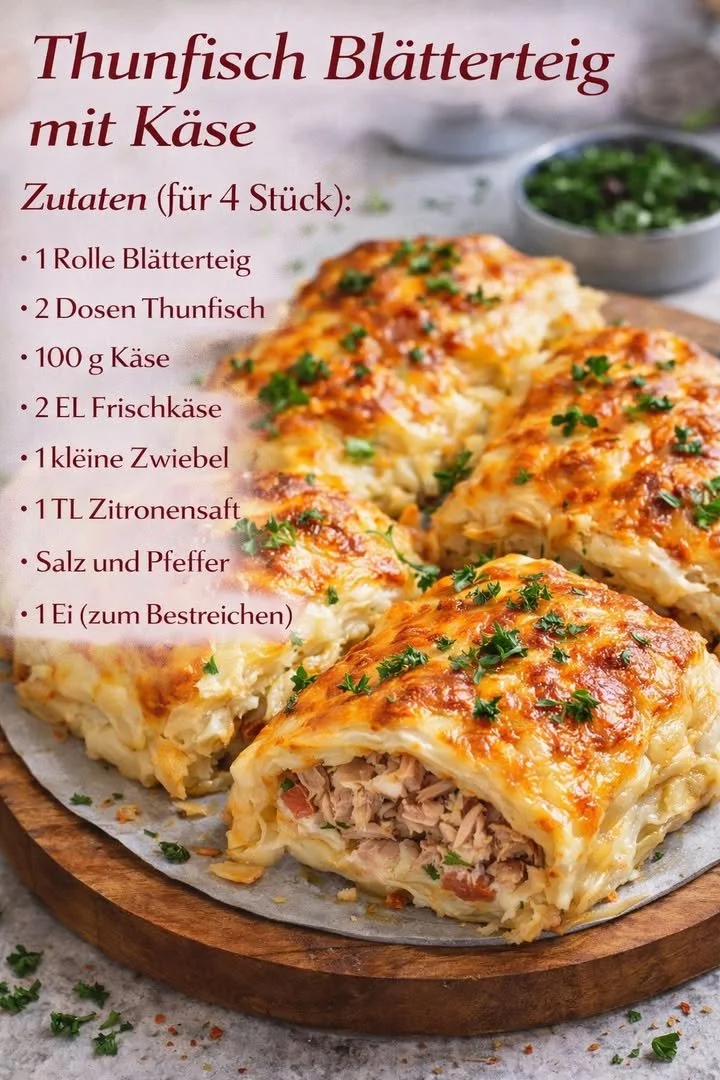 Thunfisch Blätterteig gefüllt mit Käse und frischen Zutaten auf einem Teller.