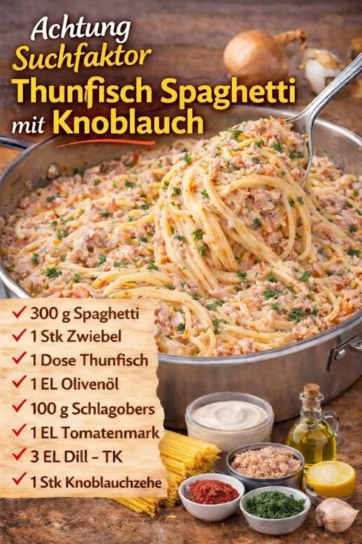 Delikate Thunfisch Spaghetti mit Knoblauch auf einem Teller serviert.