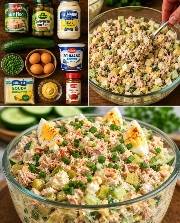 Erfrischender Thunfischsalat mit Joghurt in einer Schüssel, garniert mit frischen Kräutern.