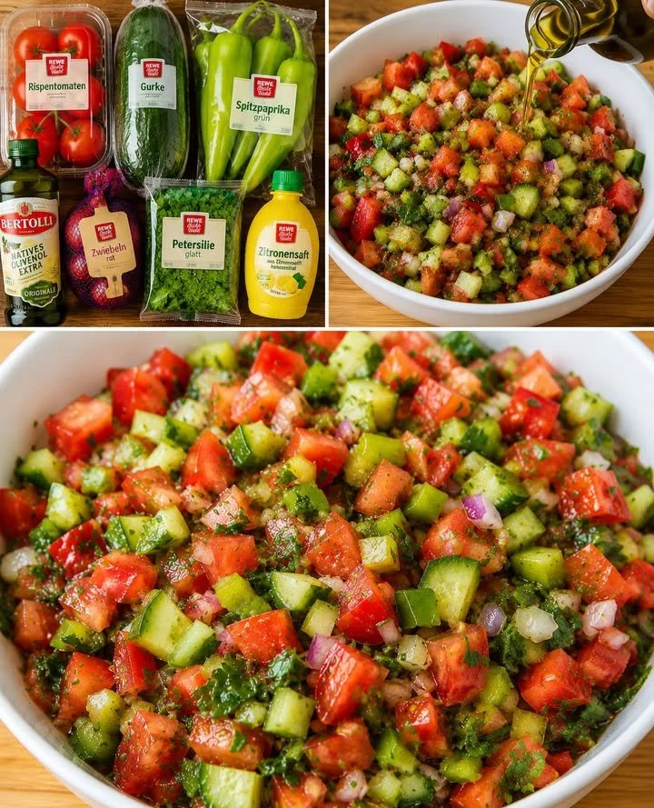 Frischer Tomatensalat mit Gurken und Dressing auf einem Teller serviert.