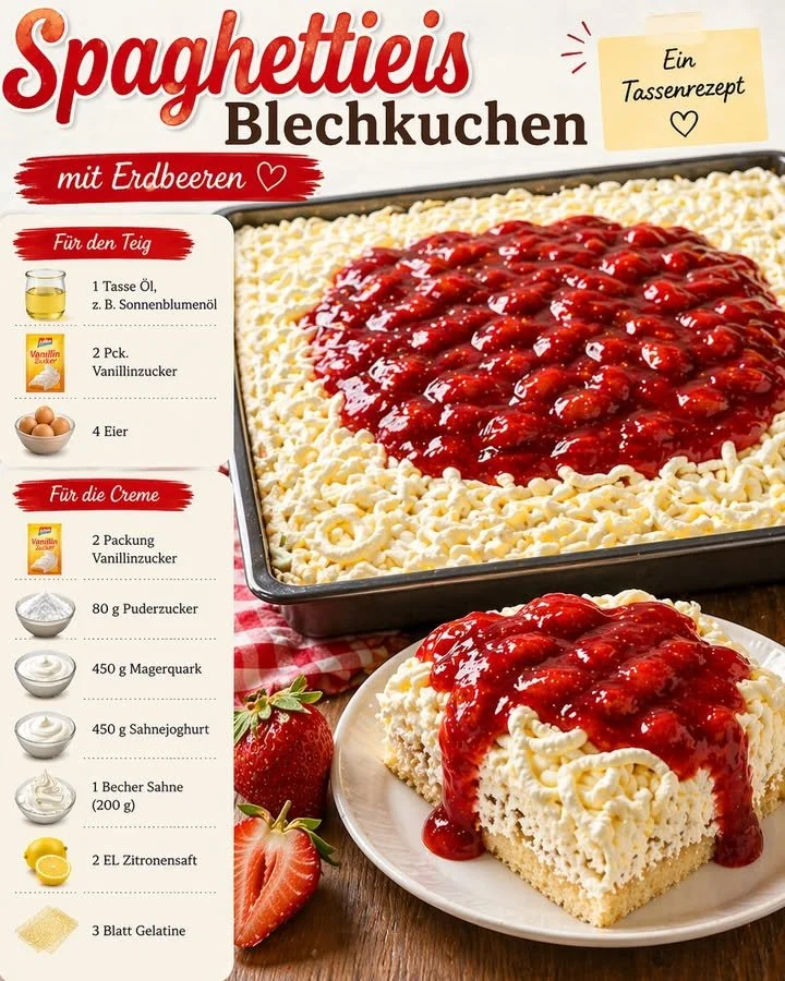 Traumhafter Spaghettieis Blechkuchen mit frischen Erdbeeren