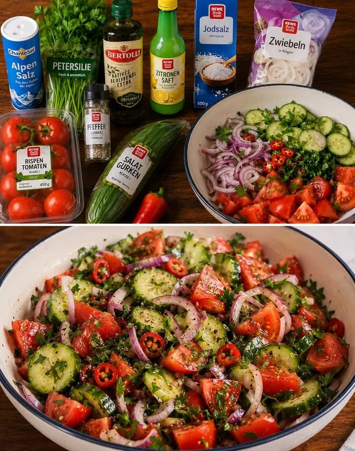 Frischer Türkischer Tomatensalat mit Gurken auf einem Teller serviert