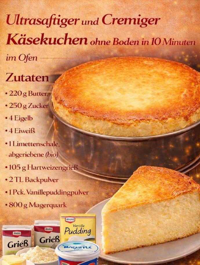 Ultrasaftiger und cremiger Käsekuchen ohne Boden auf einem Teller