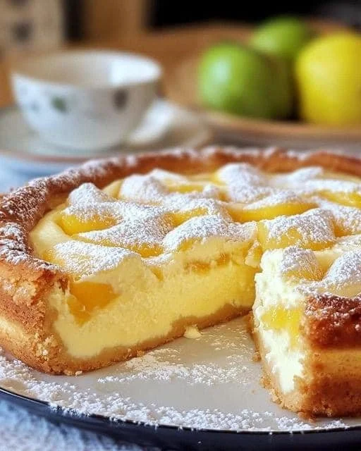 Unschlagbarer Apfelkuchen mit Vanillepudding auf einem rustikalen Holztisch