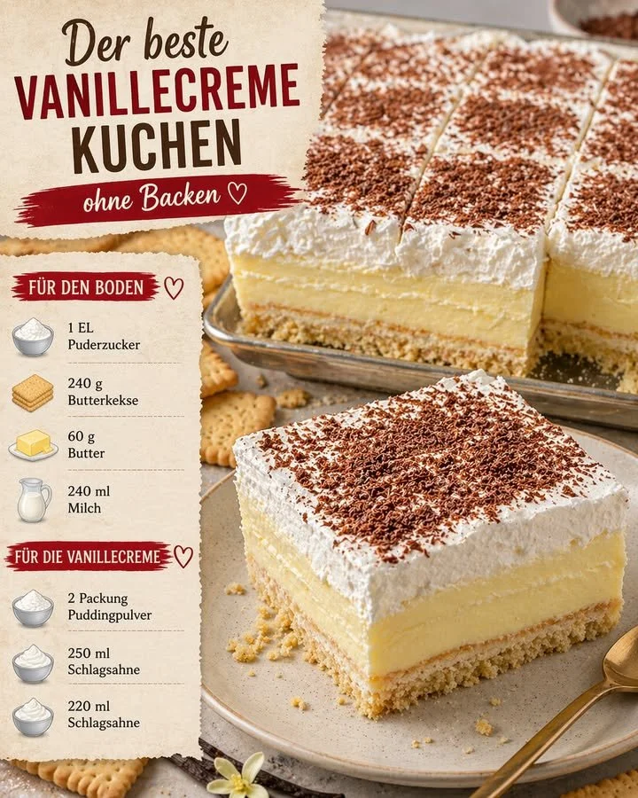 Leckerer Vanillecreme Kuchen ohne Backen auf einem Teller serviert.