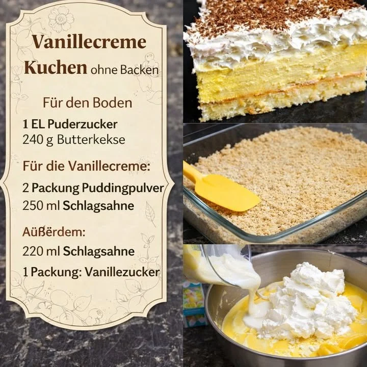 Vanillecreme Kuchen ohne Backen auf einem Teller serviert