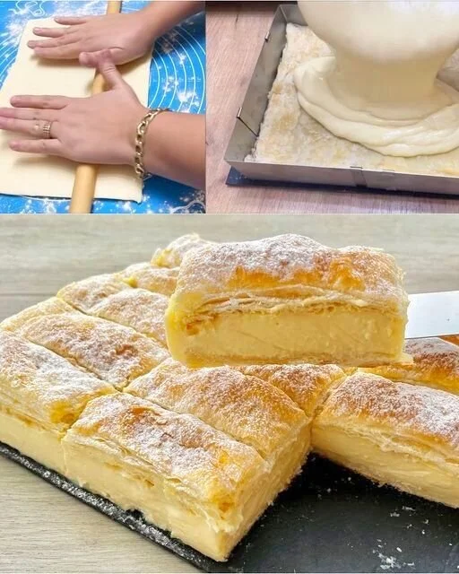 Vanillecremepudding im Blätterteig auf einem Teller serviert