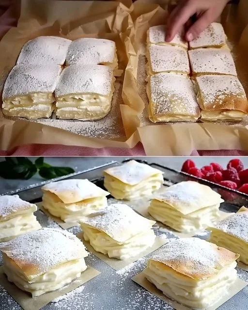 Vanillecremepudding im Blätterteig auf einem Teller serviert