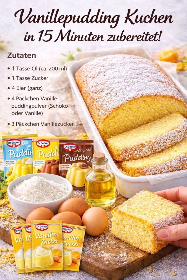 Omas Vanillepudding Kuchen auf einem Teller serviert