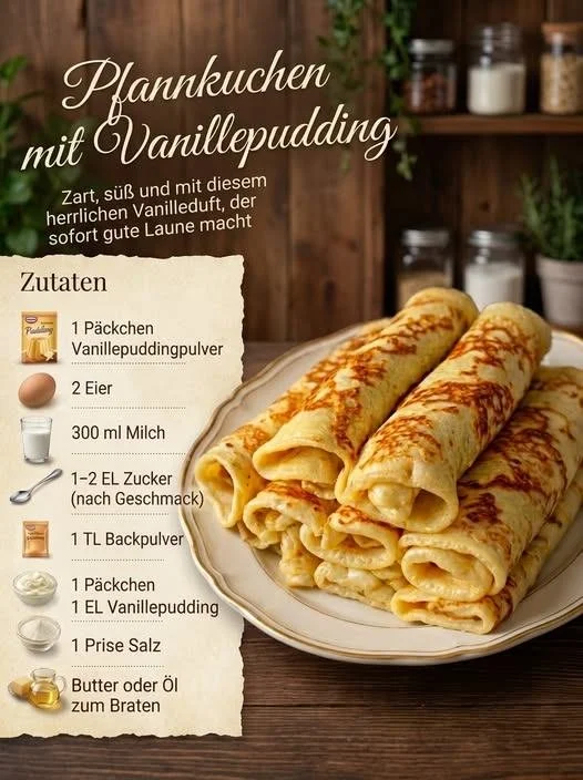 Leckere Vanillepudding-Pfannkuchen auf einem Teller serviert.