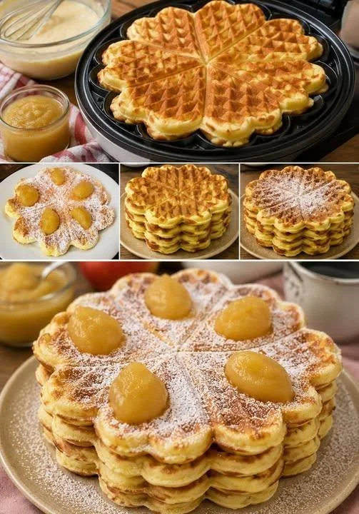 Leckere Waffeln mit Sahne und Früchten auf einem Teller serviert.