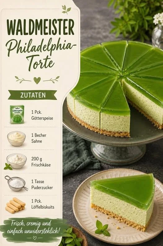 Waldmeister-Philadelphia-Torte frisch und dekorativ angerichtet auf einem Teller