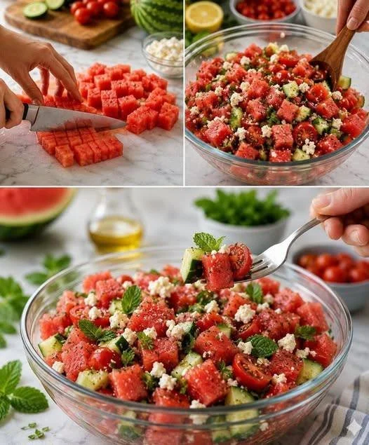 Erfrischender Wassermelonen-Feta-Salat mit frischen Zutaten.