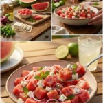 Wassermelonen-Feta-Salat mit frischen Kräutern und buntem Gemüse