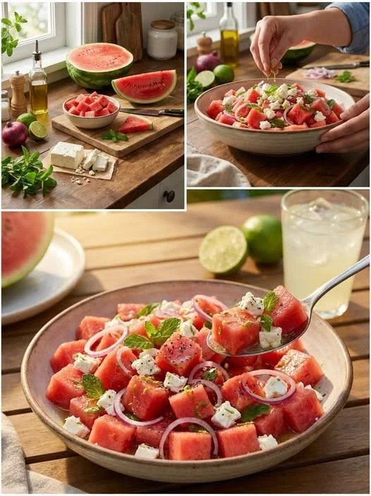 Wassermelonen-Feta-Salat mit frischen Kräutern und buntem Gemüse