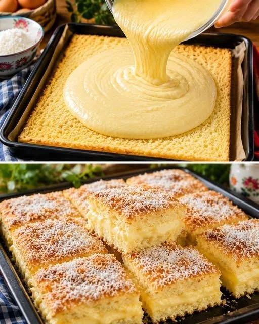Luftiger Wattekuchen mit cremigem Vanillepudding auf einem Teller