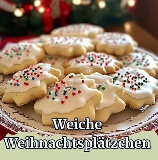 Weiche Weihnachtsplätzchen auf einem Teller, ideal für die Feiertage.