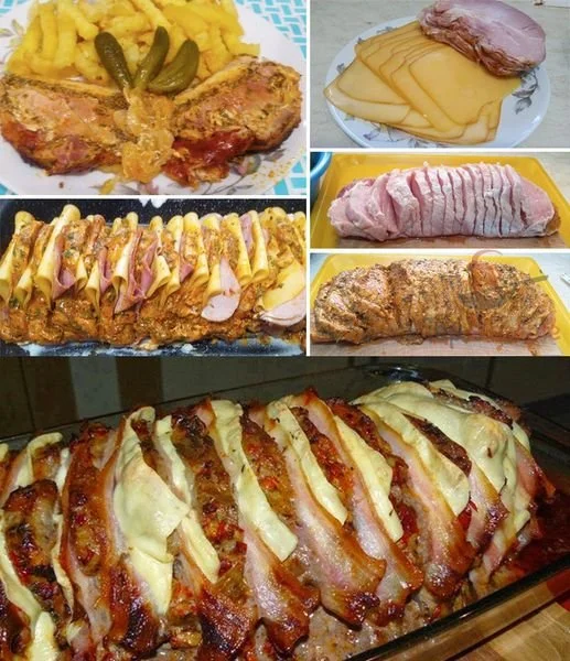 Leckeres Weihnachtsgeschichtetes Fleisch auf einem festlich gedeckten Tisch.