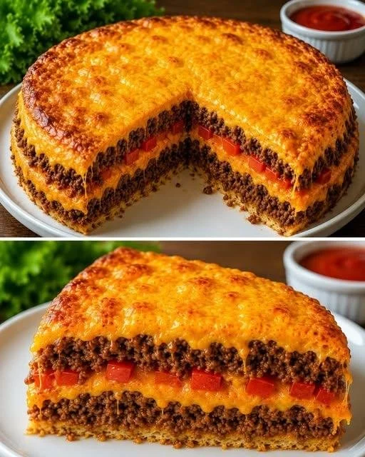 Leckeres XXL Cheeseburger Kuchen Stück auf einem Teller, perfekt für Partys.