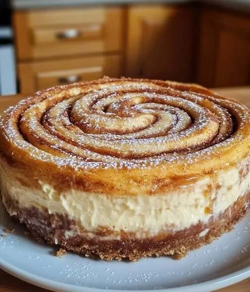 Leckerer Zimtschnecken Käsekuchen auf einem Teller, perfekt gebacken