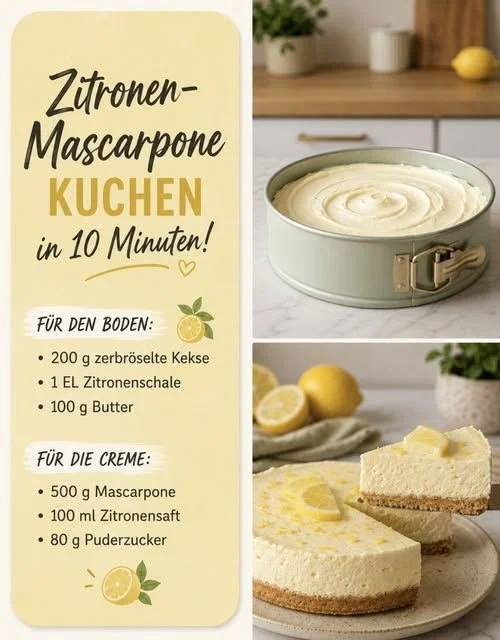 Zitronen-Mascarpone-Kuchen auf einem eleganten Teller serviert