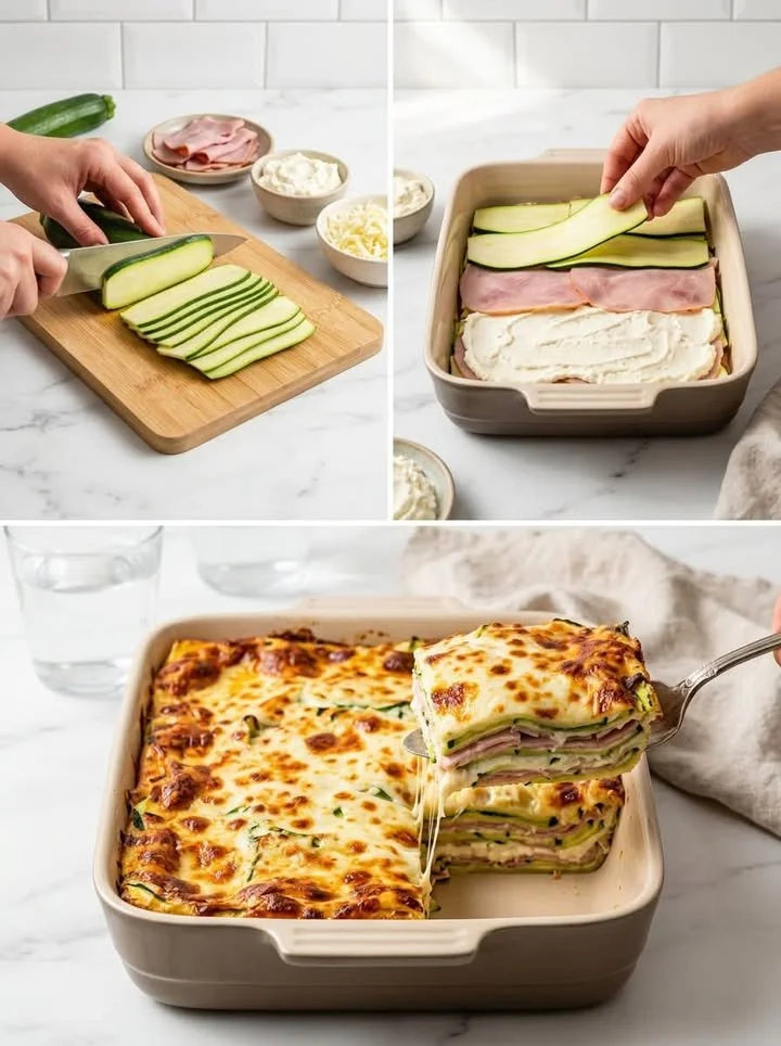Zucchini Lasagne mit Schinken auf einem Teller serviert