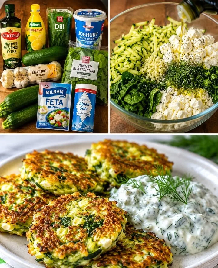 Zucchinipuffer serviert mit aromatischem Knoblauch-Tzatziki auf einem Teller.