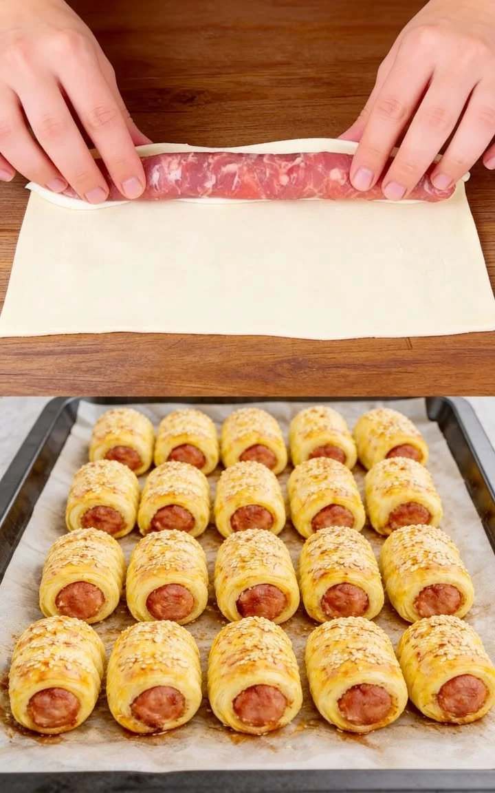 3-Zutaten-Bratwurstrollen auf einem Teller serviert
