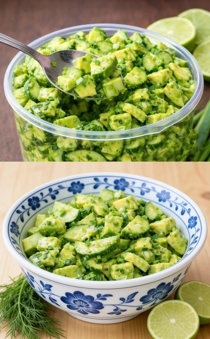 5-Minuten Avocado-Gurken-Salat mit frischen Zutaten auf einem Teller
