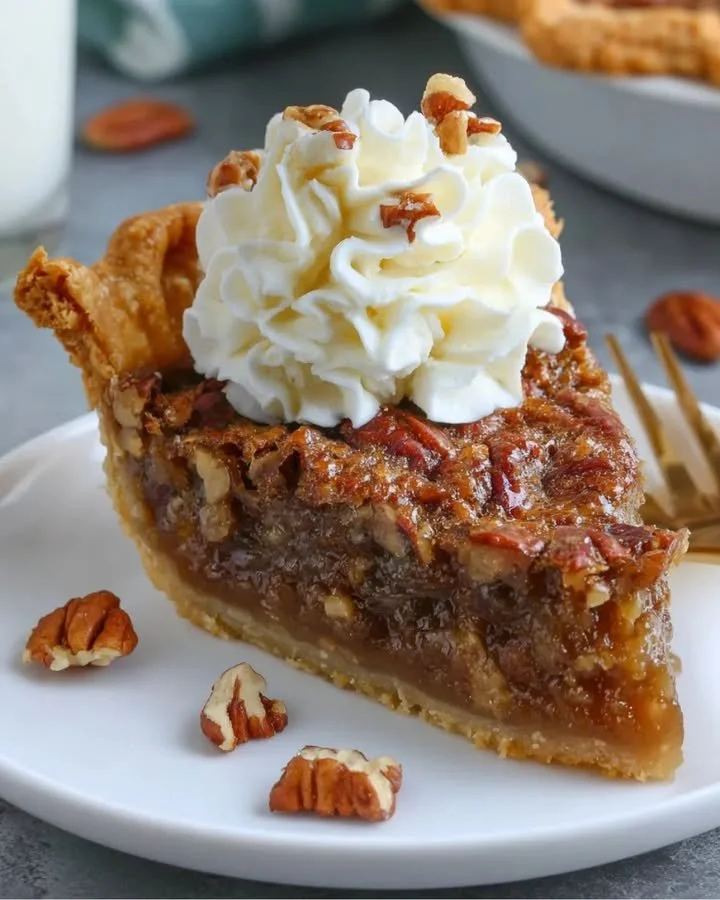 Ahorn-Pekannuss-Pie mit Bourbon auf einem Teller serviert.