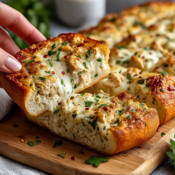 Delikates Alfredo-Hähnchen serviert mit knusprigem Knoblauchbrot.