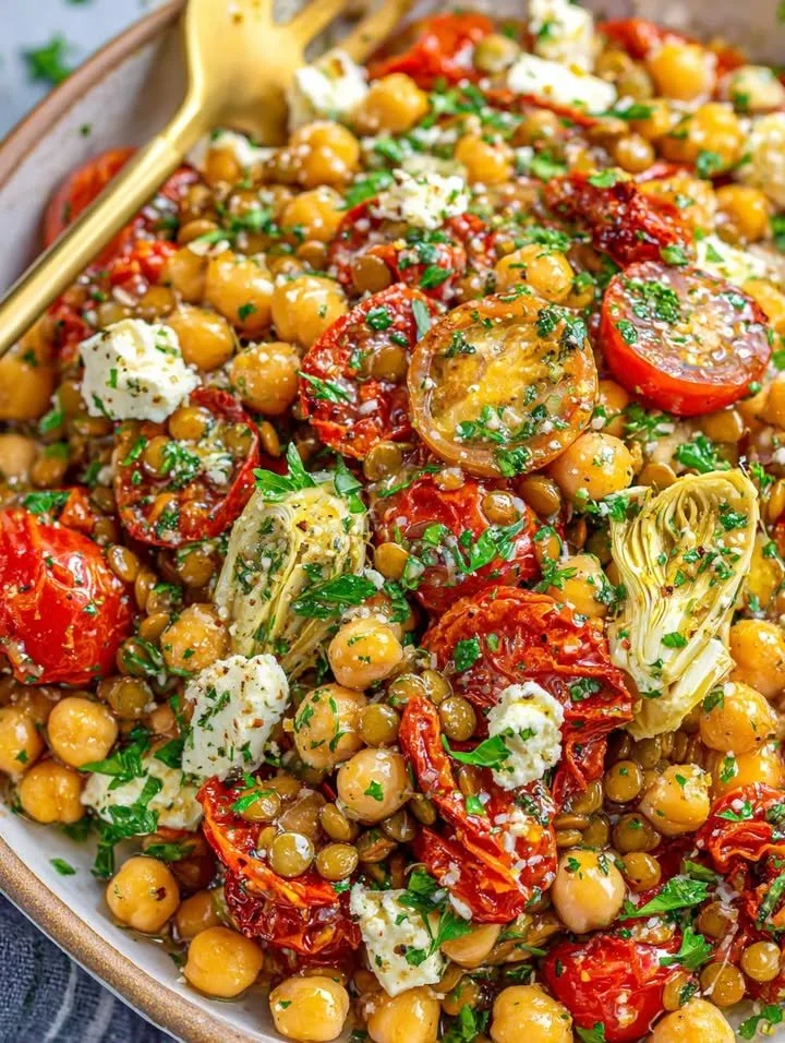 Antipasto-Bohnensalat mit bunten Bohnen und frischem Gemüse