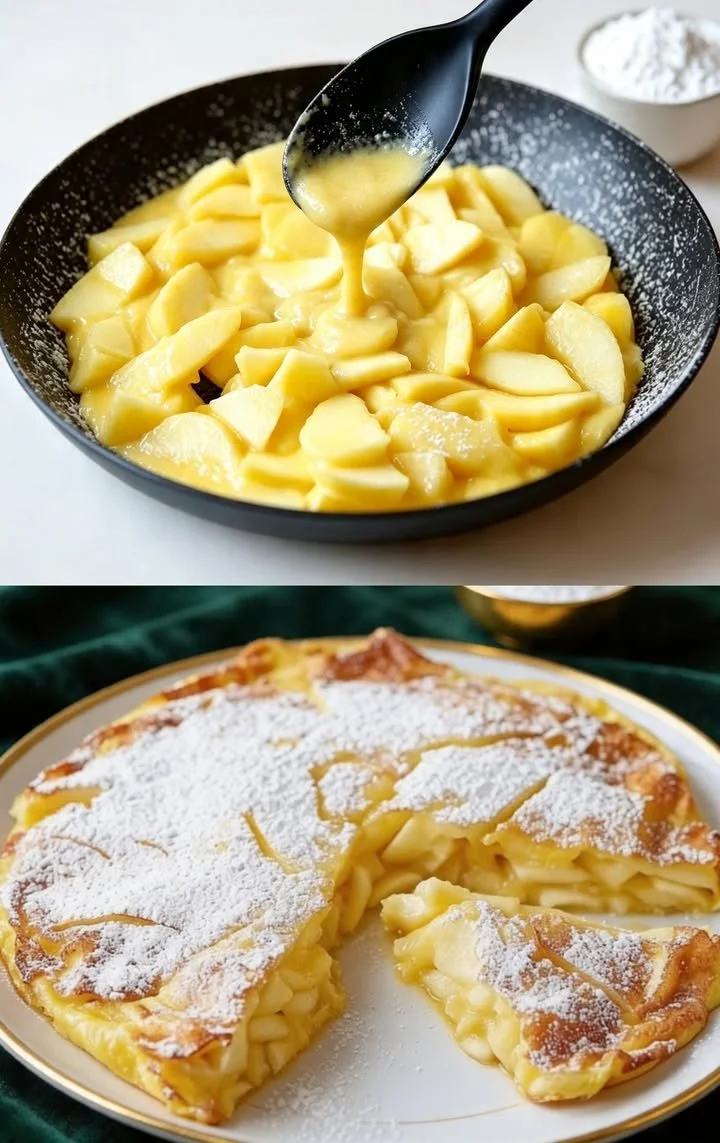 Leckeres Apfel-Omelette mit frischen Äpfeln und Gewürzen auf einem Teller