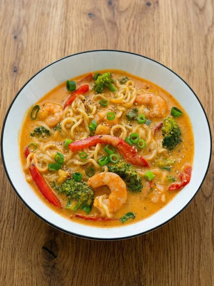Schüssel asiatische Nudelsuppe mit frischen Zutaten und Kräutern.