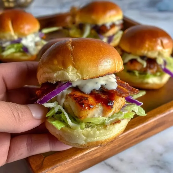 Bacon-Ranch-BBQ-Hühnchen-Slider auf einem Teller angerichtet