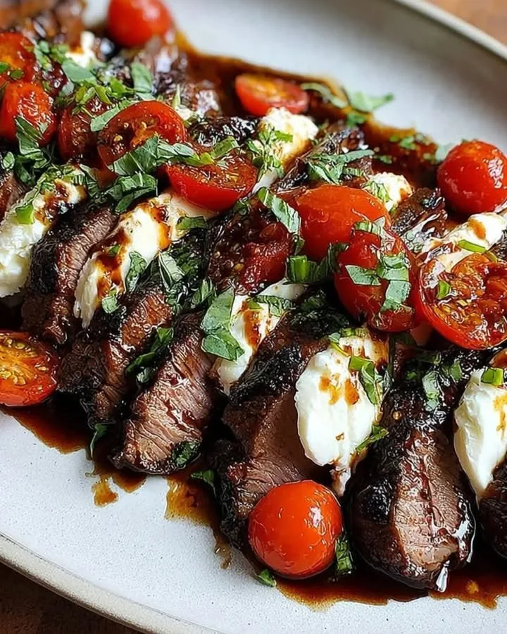 Balsamico-Flanksteak Caprese mit frischen Zutaten und aromatischem Balsamico-Dressing.