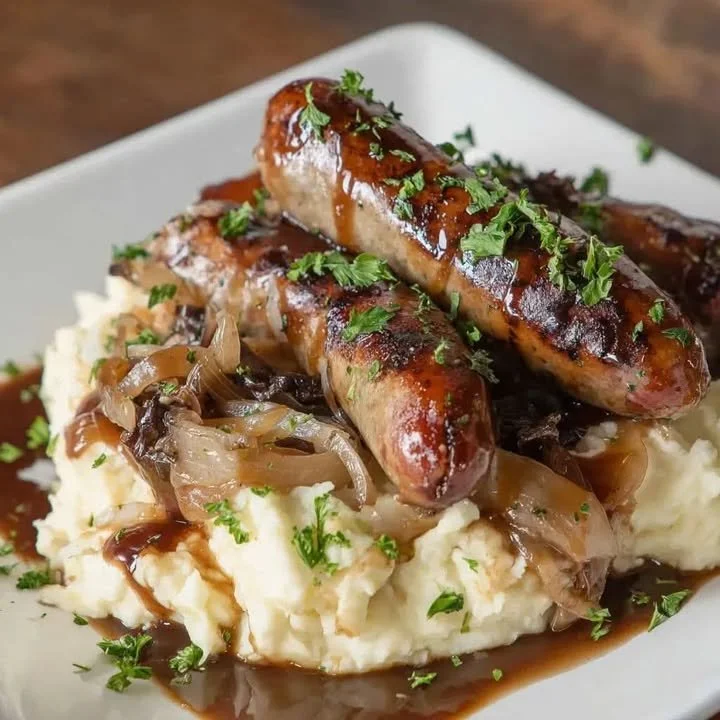 Bangers & Mash mit Stout-Zwiebelsoße auf einem Teller serviert.