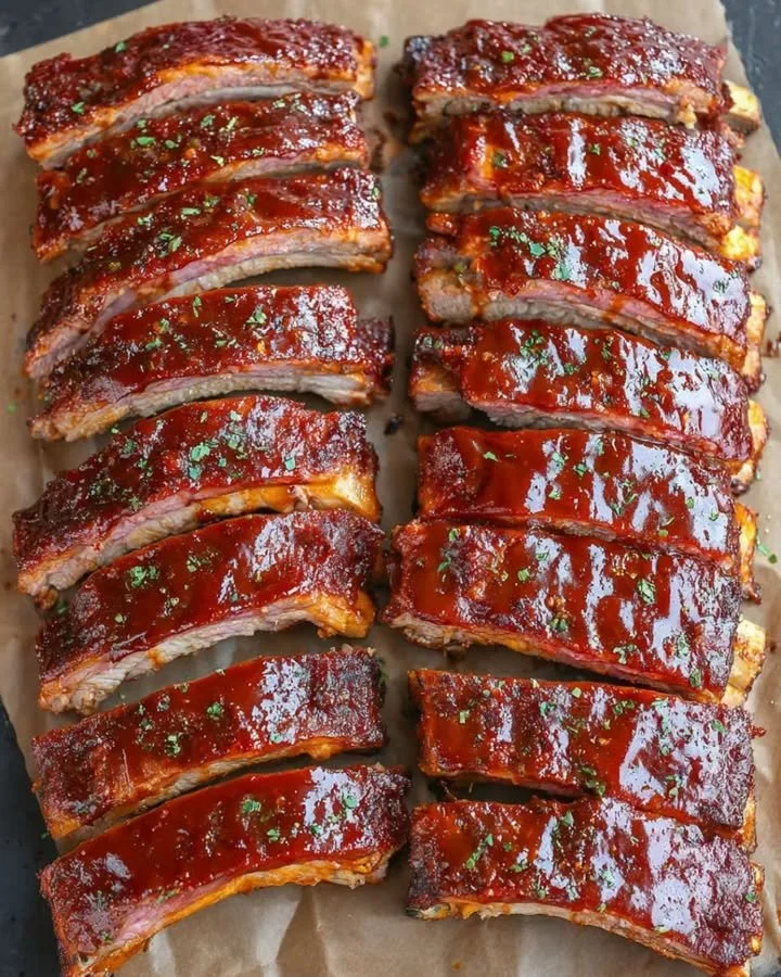 Leckere BBQ Rippchen aus dem Ofen mit würziger Glasur und Beilagen