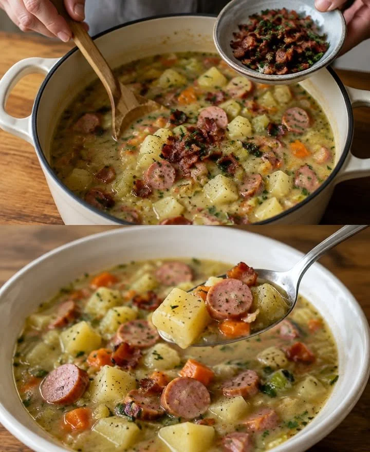 Schüssel mit Berliner Kartoffelsuppe, garniert mit frischen Kräutern.