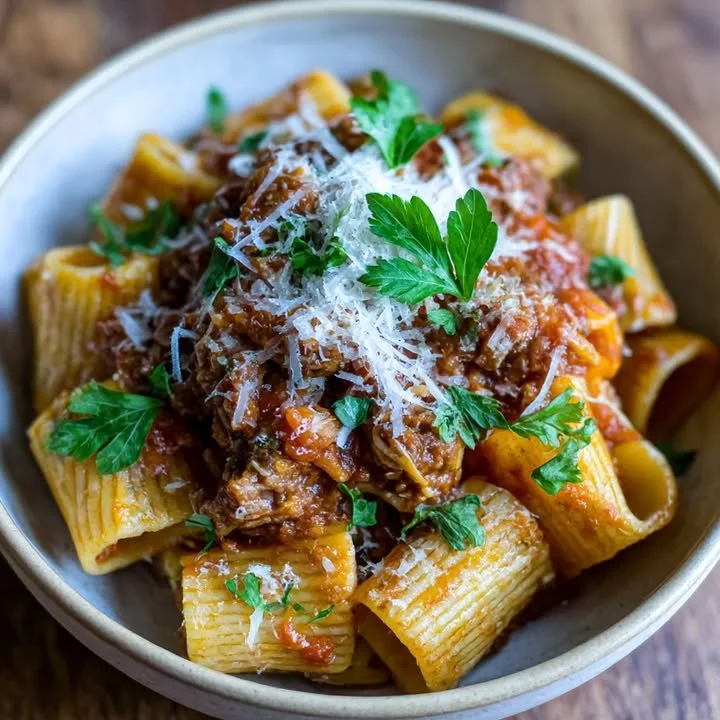 Schüssel mit köstlichem Rind-Schwein-Ragù, serviert mit frischem Brot.