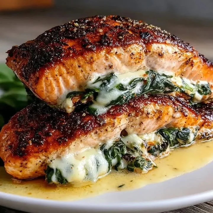 Blackened Salmon auf einem Teller mit cremiger Spinat-Parmesan-Füllung