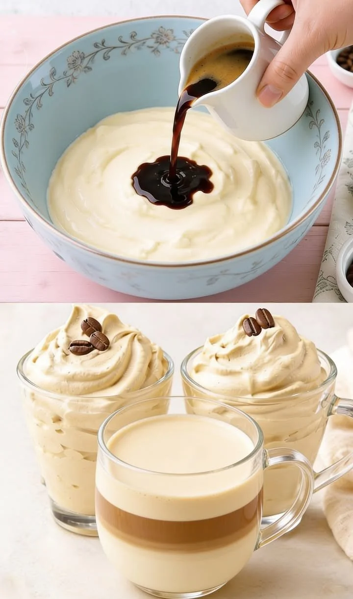 Blitz Kaffee-Dessert mit Sahne und Schokolade auf einem Teller
