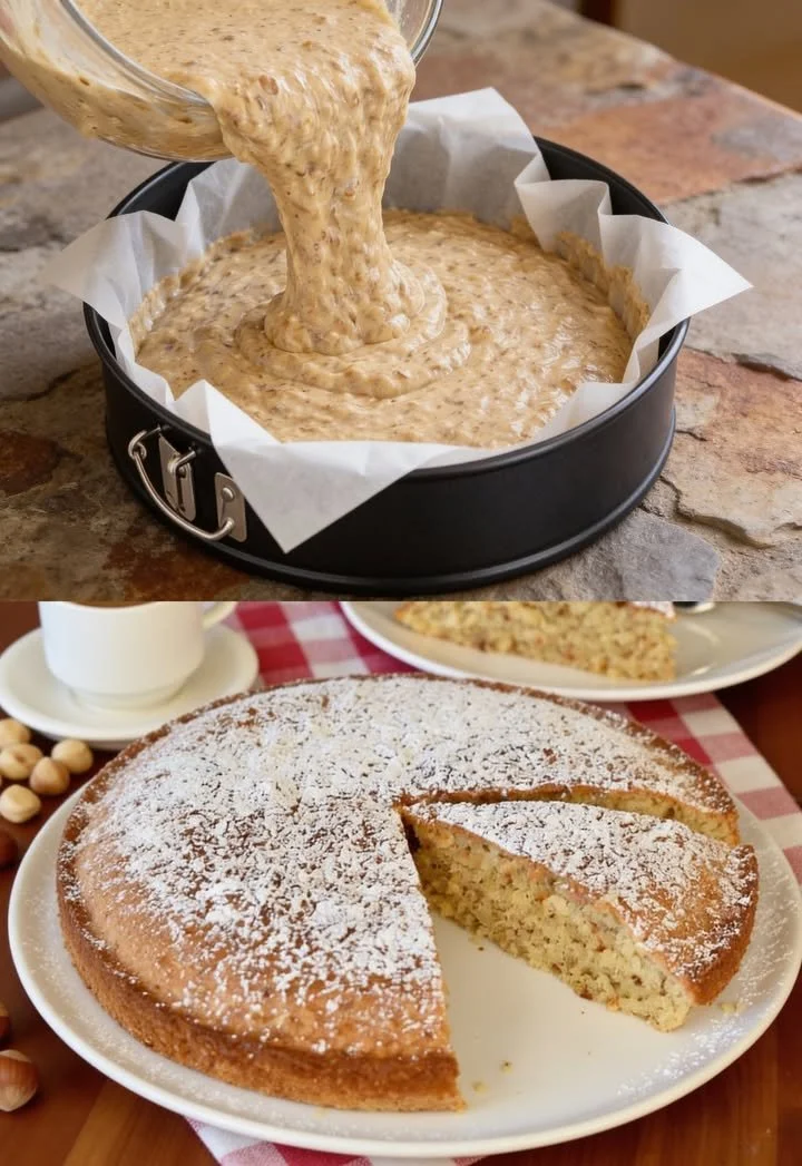 Köstlicher Blitzkuchen mit Mandeln auf einem Teller angerichtet.