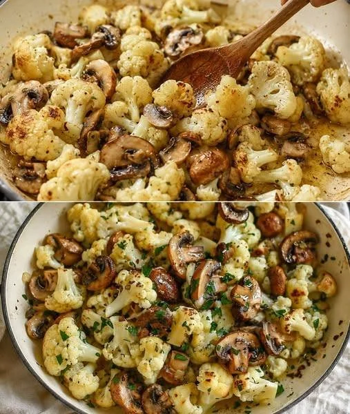 Blumenkohl Champignons Pfanne mit Knoblauch auf einem Teller serviert