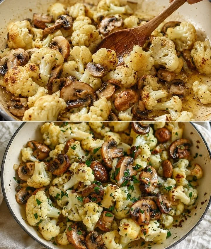 Blumenkohl Champignons Pfanne mit Knoblauch auf einem Teller serviert