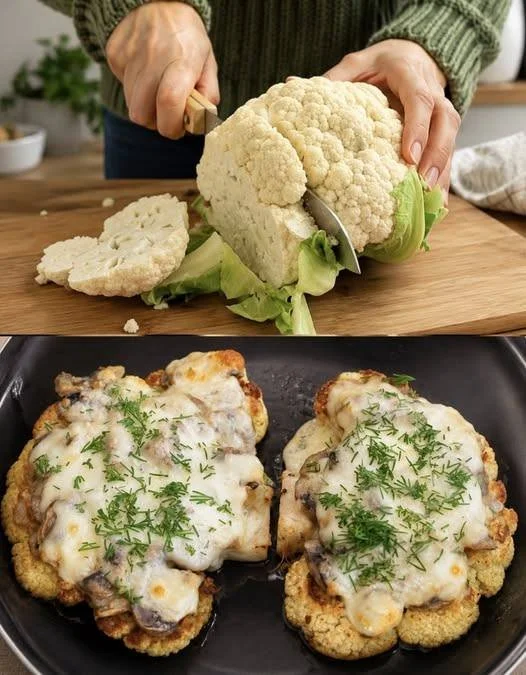 Blumenkohl mit Champignons und geschmolzenem Mozzarella auf einem Teller