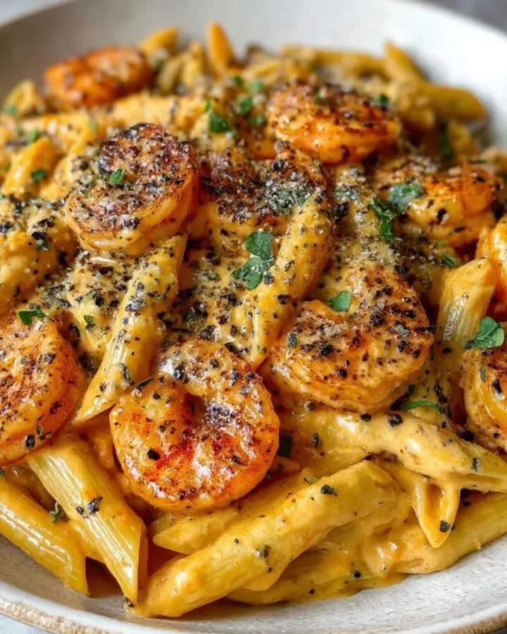 Boursin-Garnelen-Cajun-Pasta auf einem Teller serviert.