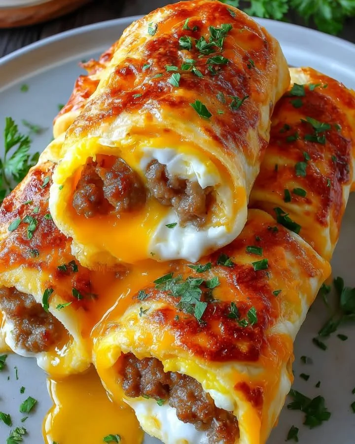 Frühstückswurst-Ei-Rollups mit Cheddar auf einem Teller serviert